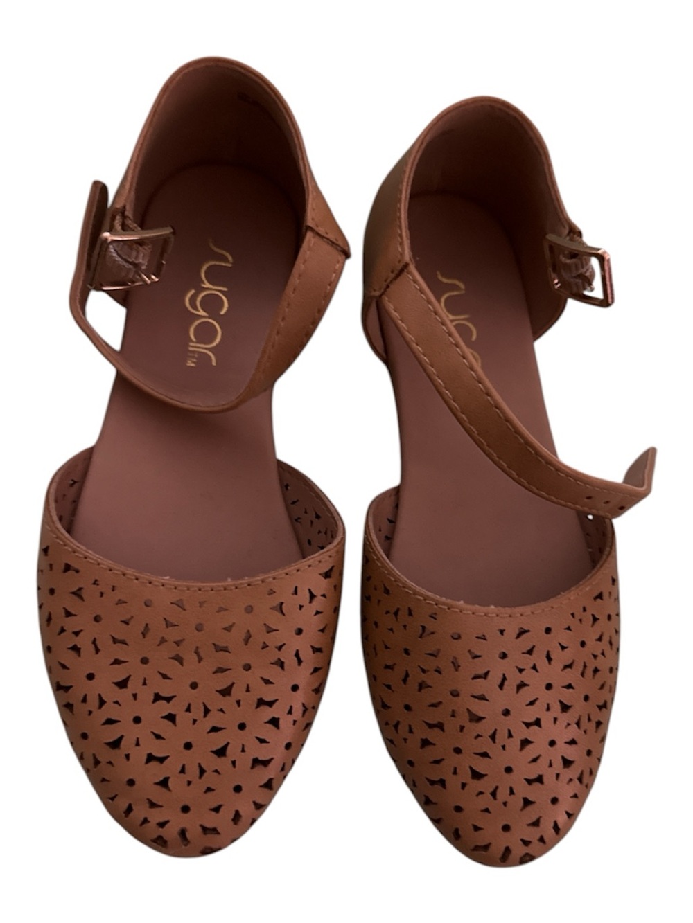 Sugar Girls Brown Ankle-Strap Perforated Flats